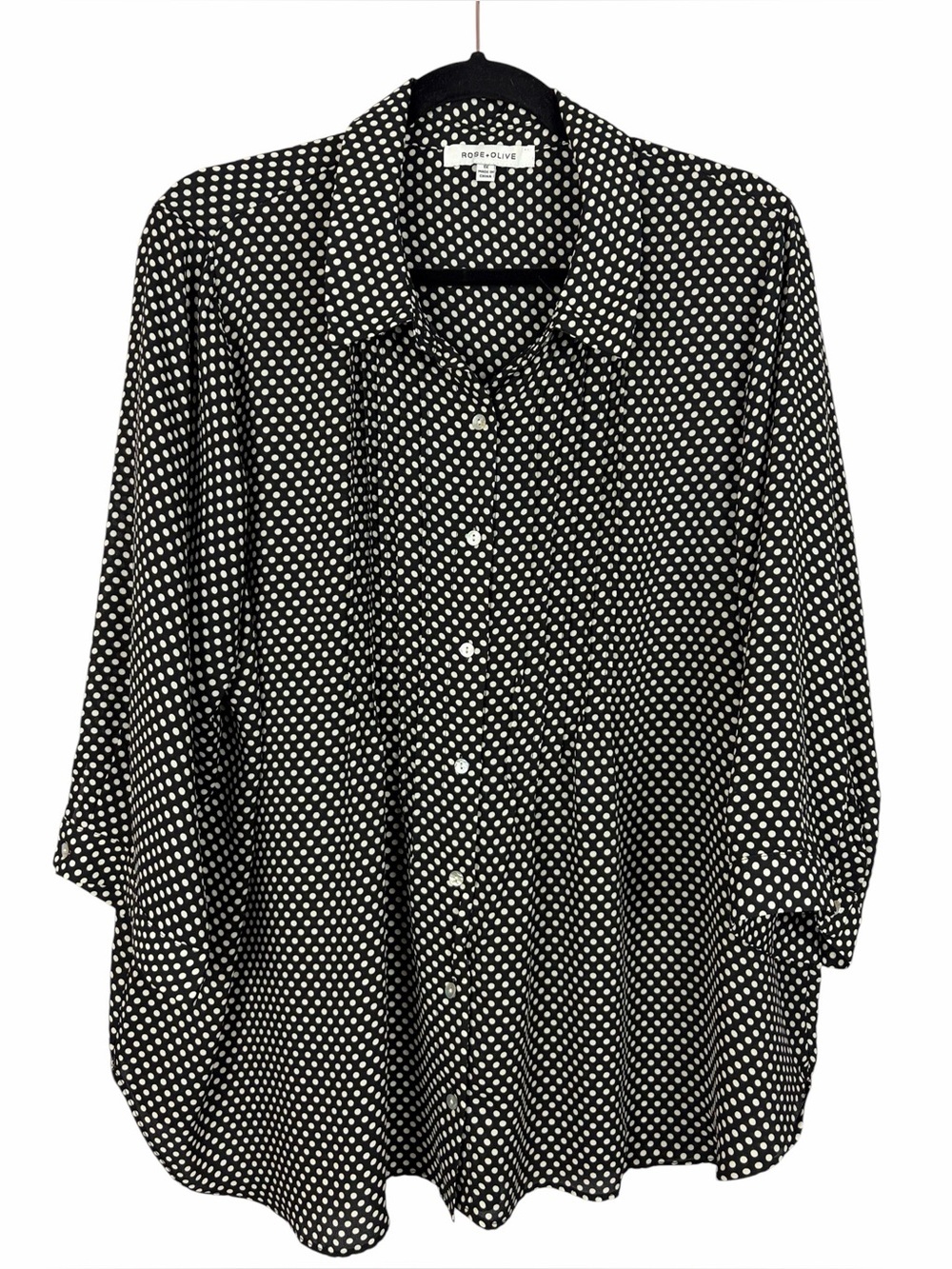 Rose + Olive Black White Polka Dot Button Front Blouse Top Size 1X Plus